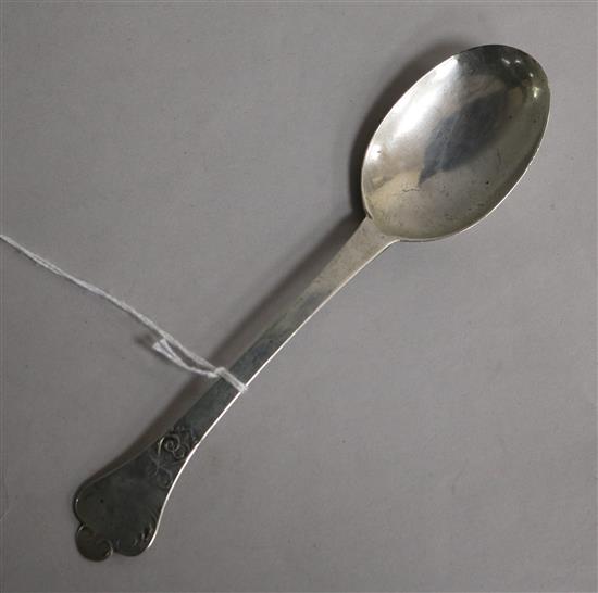 A late 17th century silver lace-back trefid spoon,